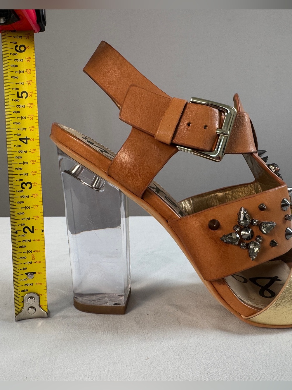 Sam Edelman Tan and Gold Block Heel Sandals with Jeweled Accents - Picture 5 of 7